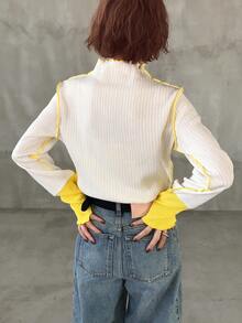 FRIFUL Áo thun nữ cổ cao tay dài ôm sát cổ tay, phối màu, viền lượn sóng, kiểu dáng thường ngày. - Màu be - Xem 5