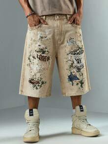 ROMWE MEN Street Life Men's Wasteland Leopard Print Pocket Casual Denim Shorts - Brown - View 12