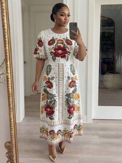 SHEIN Lady Plus Size Elegant Floral Print Dress, Summer White Boho Dress Women Vacation Dress Modest Summer Dress White Floral Dress Women Casual Dresses Women's Summer Dresses Midi Dresses Short Sleeve Dresses