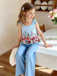 Conjunto de camiseta de tirantes con volantes y estampado floral y pantalones casuales texturizados para niña - Azul - Ver 3