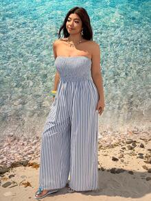 SHEIN EZwear 大码女式度假露背阔腿蓝色条纹连体裤格纹女士夏季无肩带连体裤条纹套装沙滩装 - 藍白色 - 查看 5