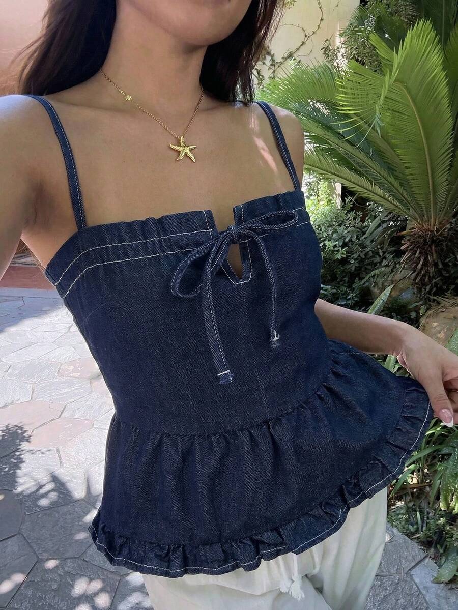 Sunnyshic Women's Fashion Casual Lace Drawstring Tie Ruffle Hem Washed Denim Camisole - Dark Wash - View 1