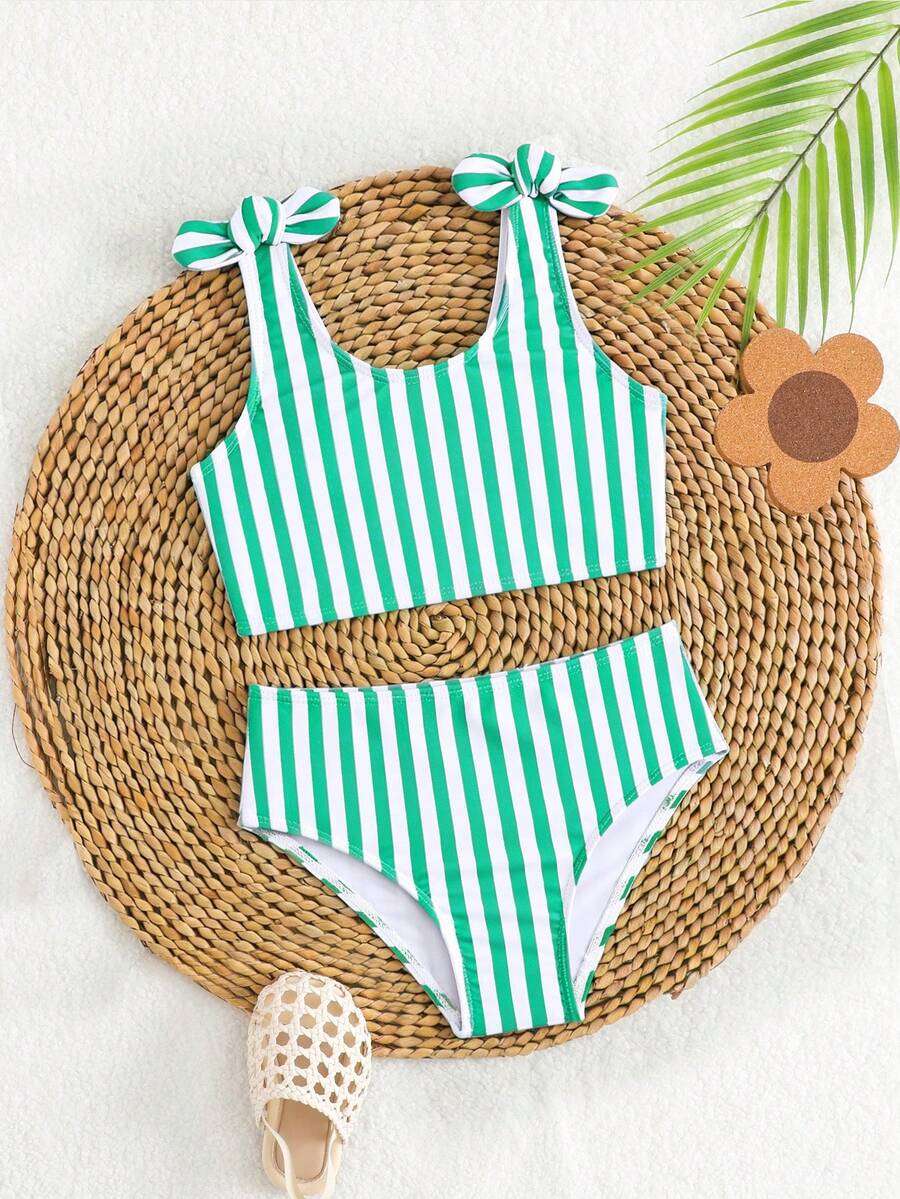 Girls' Green And White Striped Two-Piece Swimsuit With Bow Tie - New Summer Style, Skin-Friendly And Quick-Drying Swimwear. Features Include Bow Embellishments On The Shoulders, A High-Waisted, Fully Hip-Hugging Design, And Stylish Outfits For Children's Beach Vacations, Swimming Pools, And Water Parks. A Must-Have For A Fresh And Energetic Look. Bikini Sets For Kids Bathing Suit For Girls Beach Outfit For Kids Beach Outfit For Kids Girl Bathing Suits For Toddlers Bathing Suits For Kids Swimsuit For Toddlers - Mint Green - View 1