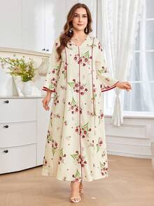 SHEIN Najma Đầm casual cổ chữ V in hoa dành cho nữ cỡ lớn, thích hợp dự tiệc và đi chơi. - Màu Đỏ Sâu - Xem 5