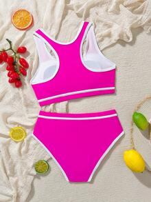 SHEIN Tween Girl Contrast Trim Tankini Top And Triangle Bottoms Swimsuit Set, Suitable For Summer Vacation And Beach - Hot Pink - View 2