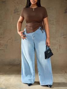 Truni Áo thun ngắn màu nâu xếp ly bất đối xứng cỡ lớn cơ bản dành cho nữ - màu nâu - Xem 5