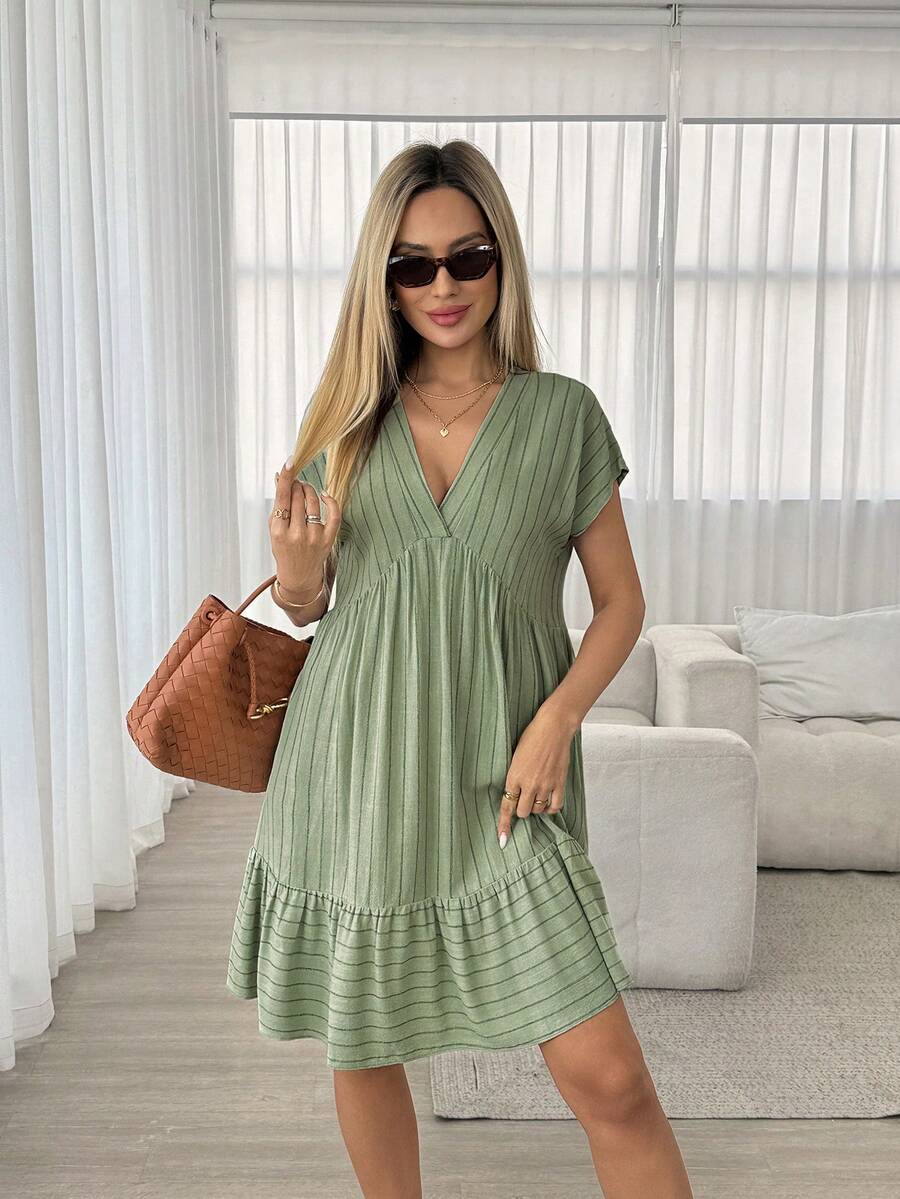 Easowa 女士条纹V领褶皱休闲派对旅行迷你连衣裙 - 彩色 - 查看 1