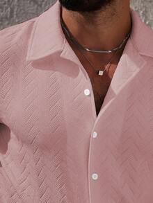 Manfinity CasualCool Men's Solid Color Casual Short Sleeve Shirt Set, Versatile For Summer - Pink - View 6