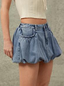 WESTFADE Chân váy ngắn denim dáng phồng dành cho nữ, phối màu bạc nhạt. - Rửa nhẹ - Xem 5