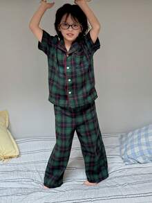 Dazy Kids 男童夏季休闲格子前开襟衬衫和裤子睡衣套装 - 綠色 - 查看 5