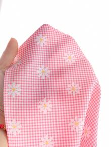 SHEIN 新生女宝宝橙色印花拼接白色蕾丝泡泡袖短袖连衣裙，夏季新款 - 粉色 - 查看 6