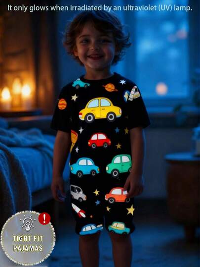 4pcs Baby Boys' Short Sleeve Shorts Snug Fit Pajamas, Cartoon Car Glow-In-The-Dark Print, Soft & Comfortable Snug Fit. This Product Requires UV Light Exposure To Glow.