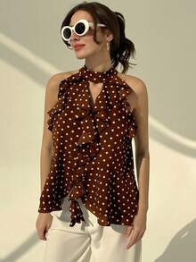 Aloruh Camiseta ajustada con volantes y estampado de lunares bohemio retro para mujer - Café integral - Ver 4