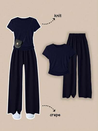 Franclia Women's Solid Color Minimalist Daily Short Sleeve Top And Pants 2 Pieces Set