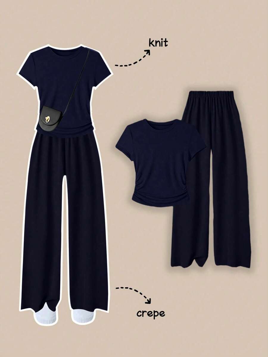 Zovinel Women's Solid Color Minimalist Daily Short Sleeve Top And Pants 2 Pieces Set - Royal Blue - View 1