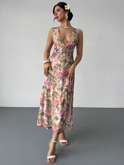 Rafferiza Fashionable Sexy Women's Mid-Length Dress, Sexy Deep V-Neck, Waist Ruched Pleats, Gold Metal Decor Button, Rose Fabric