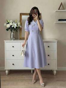 Modelyn Women's Floral Embroidered Double-Breasted Puff Sleeve Midi Dress - Purple - View 8