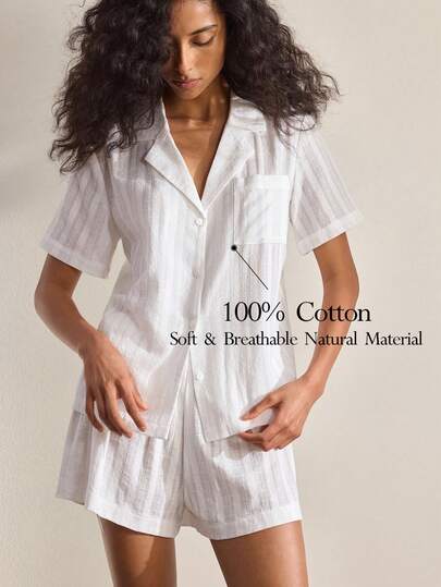 Ocili Natural Soft & Skin-Friendly Cotton Jacquard Lapel Short Sleeve & Shorts Pajama Set For Women
