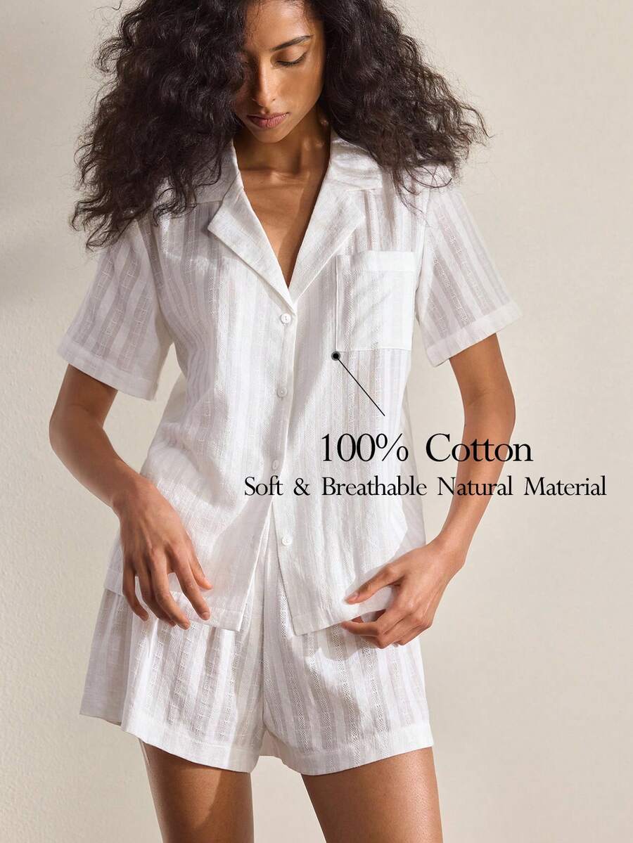 Ocili Natural Soft & Skin-Friendly Cotton Jacquard Lapel Short Sleeve & Shorts Pajama Set For Women - White - View 1