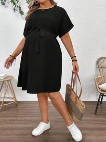 Plussiva Plus Size Maternity Solid Color Minimalist Casual Short Sleeve Dress - Black - View 6