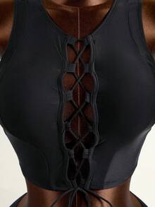 Zestiva Women's Cropped Camisole 2 Pieces Set With Tie-Up Straps And Hollow-Out Design, Adjustable - Black - View 4