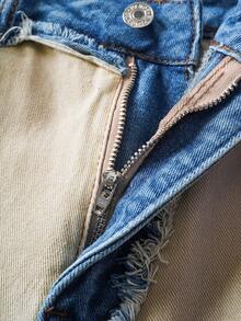 Manfinity Joysei Manfinity Streetrush Men's Contrast Color Fringe Casual Denim Shorts - Khaki - View 4