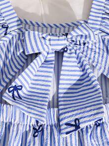 Emery Rose Kids Emery Rose Kids 女童编织条纹蝴蝶结装饰荷叶边下摆休闲连体裤 - 彩色 - 查看 9
