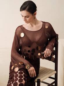Anewsta Women's Elegant Handmade Mesh Knit Beaded Top - Coffee Brown - View 7