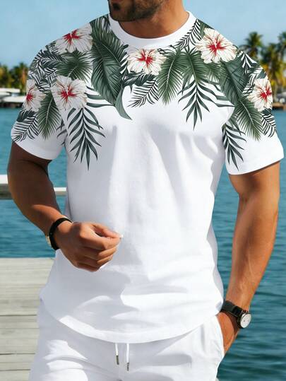 Manfinity RSRT 男士热带花卉印花短袖T恤，夏季休闲圆领上衣，男士常规圆领T恤，休闲时尚T恤
