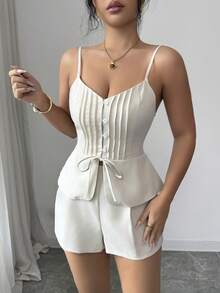 Selianne Bộ đồ công sở thanh lịch dành cho nữ, gồm áo hai dây dáng ôm, dây mảnh, xếp ly, thắt eo phía trước, quần ống rộng cạp cao hai dây, bộ vest thường ngày cổ điển cho nữ mùa xuân/hè, áo hai dây và áo nịt eo thiết yếu cho việc đi làm và du lịch. - Màu be - Xem 5