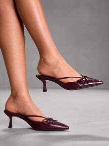 CUCCOO SZL Women's Shoes Pointed Bow Stiletto Mule Shoes, Sweet And Elegant Style And Retro Modern Sense, The Details Of The Use Of Pointed Design, Bow Decoration, Stiletto And Mule Shoes Style, Function Can Add Feminine Charm, Easy To Wear And Take Off, Suitable For Dating, Afternoon Tea Or Urban Women's Daily Street Scenes, Suitable For Women Who Like Sweet Retro Style Crowd. - Burgundy - View 5