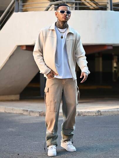 Devon Thys 男士撞色磨边口袋休闲百搭牛仔裤，长款宽松卡其色拼色洗水工装牛仔裤，适合送给老公、男朋友的礼物