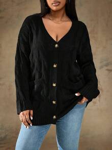 Truni Áo khoác Cardigan vá túi thả vai Plus, cho mùa đông - màu đen - Xem 3