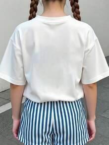 2pcs/Set Teen Girls Casual Heart Print Graphic Loose Round Neck Short Sleeve T-Shirt And Striped Loose Shorts, Suitable For Spring And Summer Cozy Styles - Multicolor - View 3