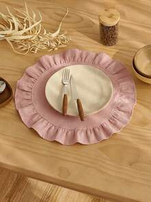1-Piece   Solid Color Linen Placemat In Plain White With Ruffle Edges, Stain-Resistant , Perfect For Decorating Your Dining Room And Table. Suitable For Family Gatherings, Daily Use, Banquets, Weddings, Holidays, And Parties. - Multicolor - View 5
