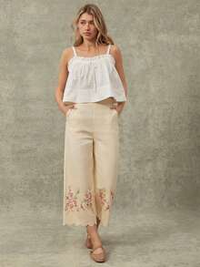 WESTFADE Women's 100 Cotton Pastal Floral Embroidered High-Rise Wide Leg Cropped Pant Scalloped Relaxed Boho Girlisim Western Wear For Autumn Vacation Golf - Apricot - View 6