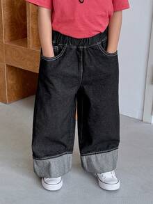 DAZY Young Boy Casual Everyday Commute Minimalist Elastic Waist Cuffed Hem Loose Wide Leg Jeans - Black - View 7
