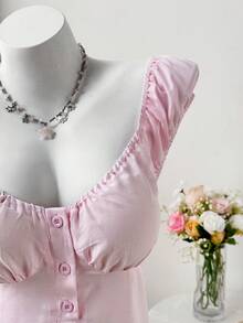 Sweetra Plus Size Summer Pink Waist Cinched Casual Commute Short Sleeve Shirt - Pink - View 3