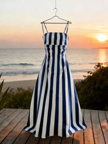 Franclia 女士新款细肩带条纹腰部喇叭中长连衣裙 - 藍白色 - 查看 4