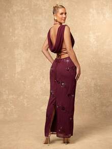 Lumalex 亮片及亮片柔软褶皱网纱紧身露背系带腰连衣裙（女款） - 中紫紅色 - 查看 3