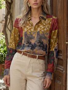 Hansera Nueva camisa de botones de manga larga con estampado para mujer, de primavera/verano - Multicolor - Ver 4