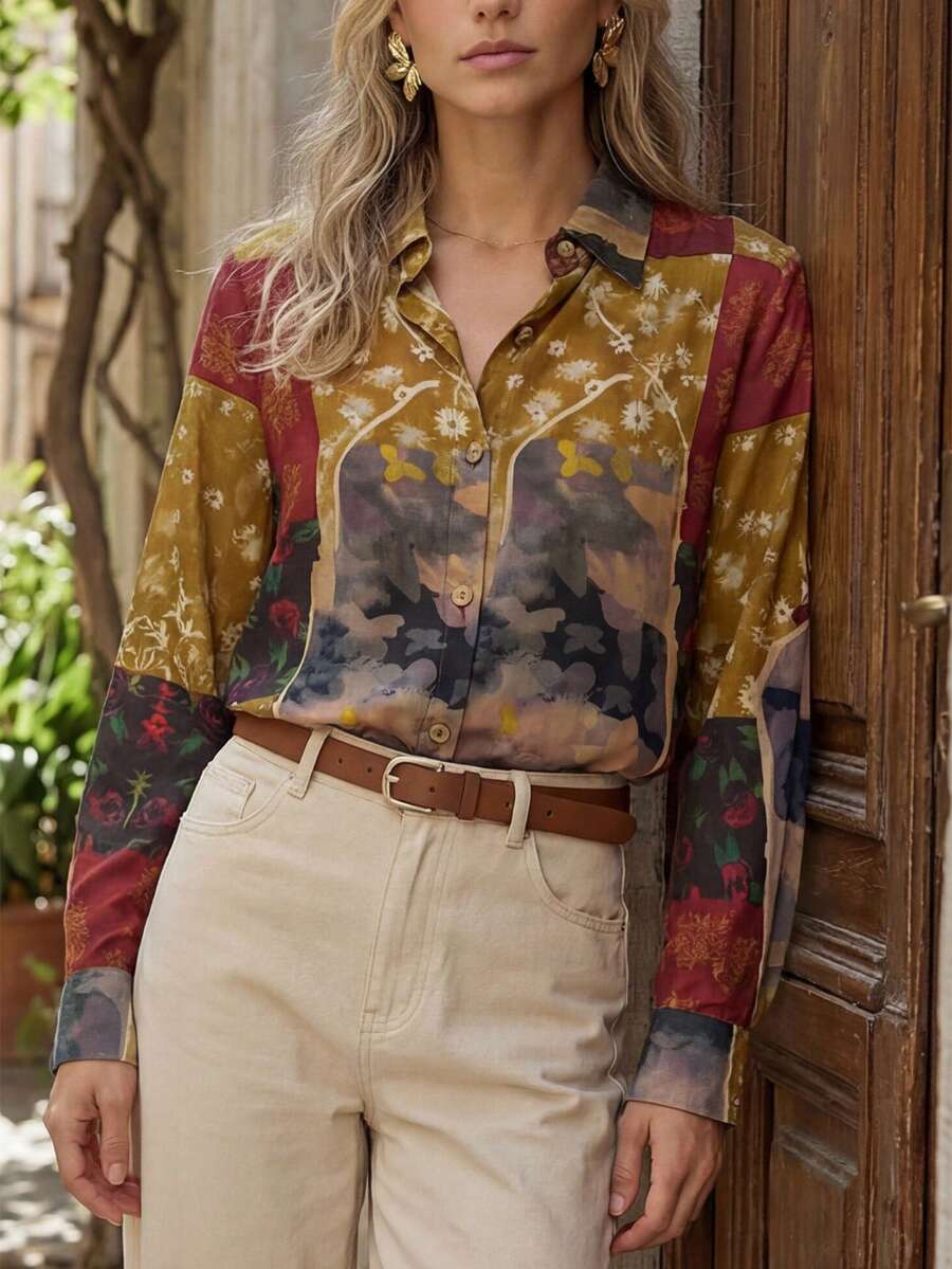 Hansera 新款春夏女士长袖印花纽扣衬衫 - 彩色 - 查看 1