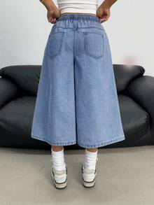 SHEIN 青少年女孩Y2K時尚淺色水洗寬鬆彈性抽繩腰牛仔寬腿牛仔褲，適合夏季海灘波希米亞度假、音樂會節慶休閒電音派對、早午餐、教堂、畢業典禮 - 中等水洗藍 - 查看 2