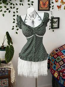 Vibekara Plus Size Women Casual Vacation Green Ditsy Floral Short Sleeve Shirt - Multicolor - View 3