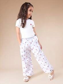 Girls Strawberry Print Set Short Sleeve Tee And Wide Leg Palazzo Pants Summer   Coord Outfit - White - View 5