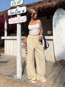 Muchica Women's Casual Seashell Print Loose Pants, Vacation Style - Apricot - View 8