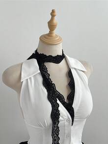 Elamini 女士白色撞色蕾丝V领纽扣收腰修身不对称下摆性感喇叭袖衬衫，欧美夏季风情 - 白色 - 查看 5