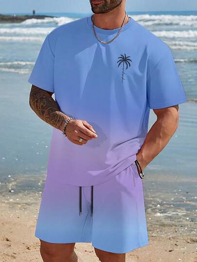 Manfinity RSRT Men's Palm Tree Print Short Sleeve T-Shirt And Drawstring Waist Shorts Casual Suit