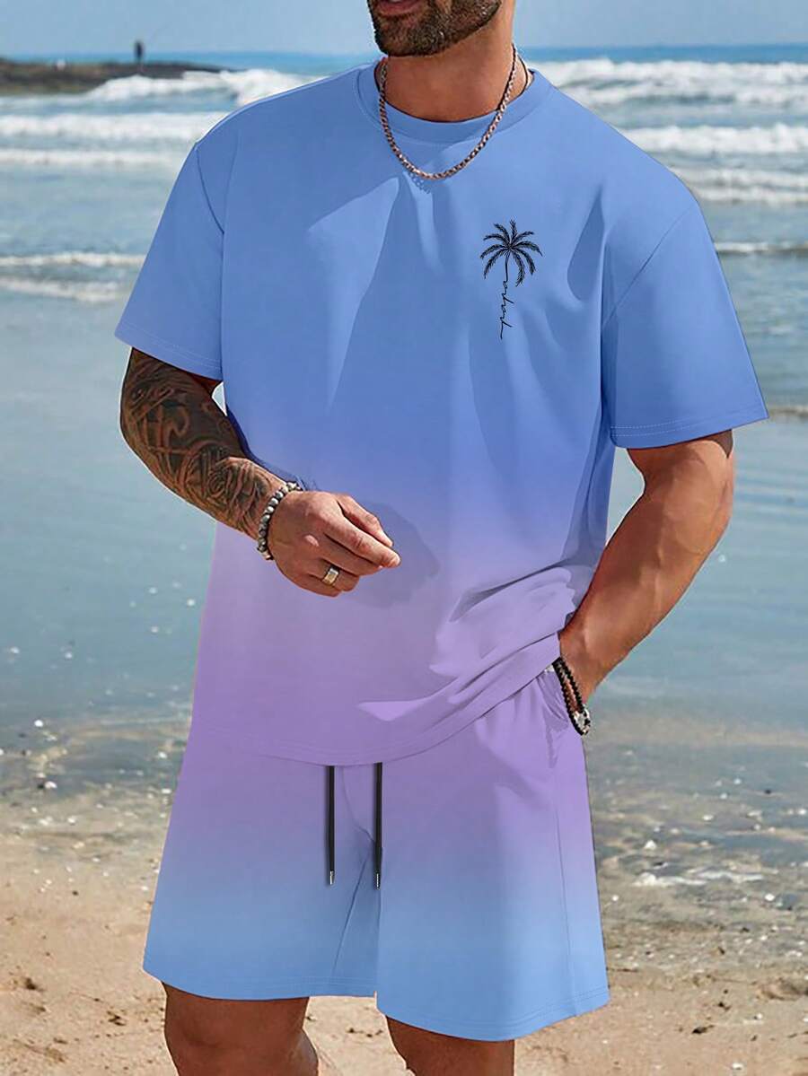 Genlund Men's Palm Tree Print Short Sleeve T-Shirt And Drawstring Waist Shorts Casual Suit, Holiday Holiday - Multicolor - View 1