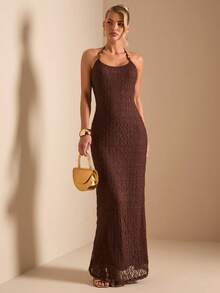 SHEIN BAE 女士棕色串珠吊带露背美人鱼蕾丝连衣裙，蕾丝连衣裙 - 鏽棕色 - 查看 1